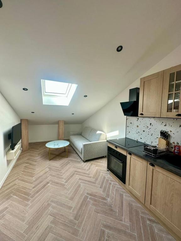 Il comprend un grand salon avec un canapé et une cuisine. dans l'établissement MOON, à Nice