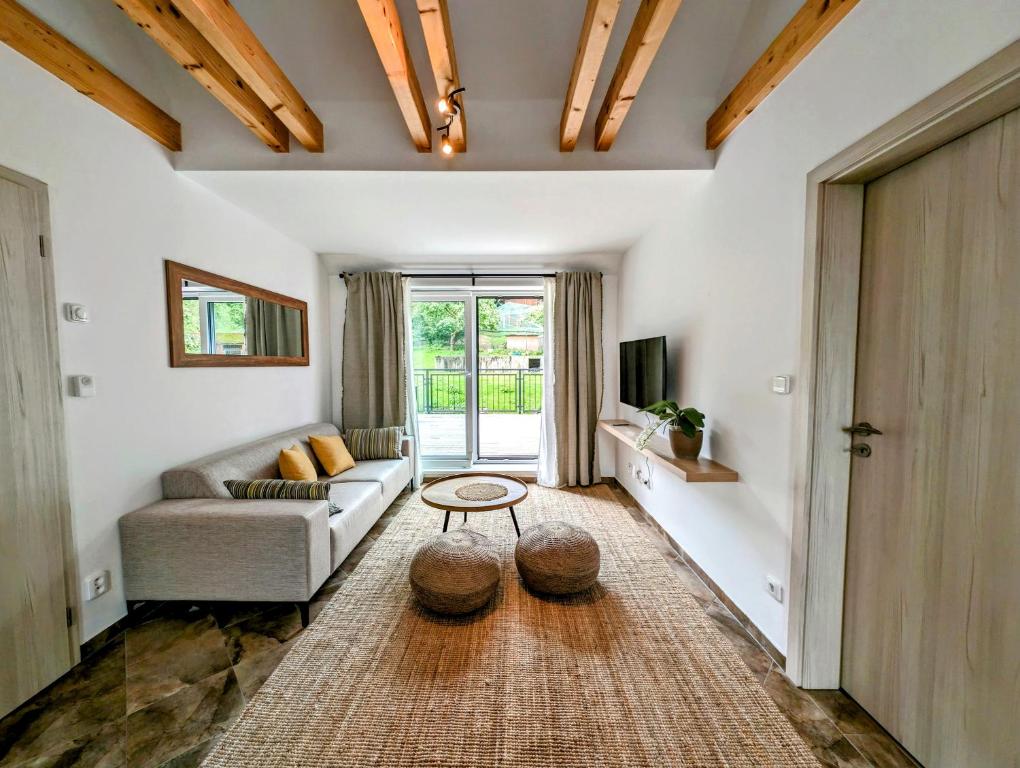 Televízia a/alebo spoločenská miestnosť v ubytovaní Rodinné apartmány Dobrné