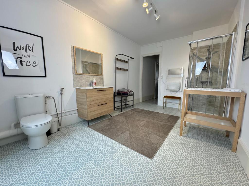 a bathroom with a toilet and a sink at Les Lodges du Castel in Châteauvillain