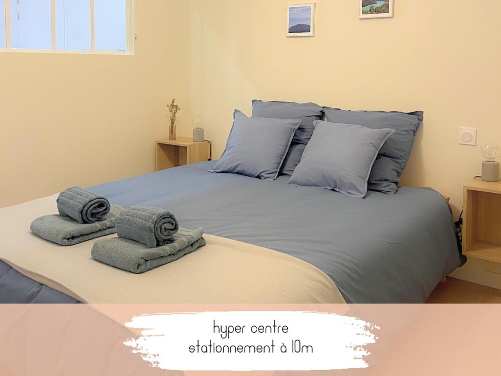 une chambre avec un grand lit avec des serviettes dessus dans l'établissement Le Tilleul, au coeur du centre historique, à Lons-le-Saunier