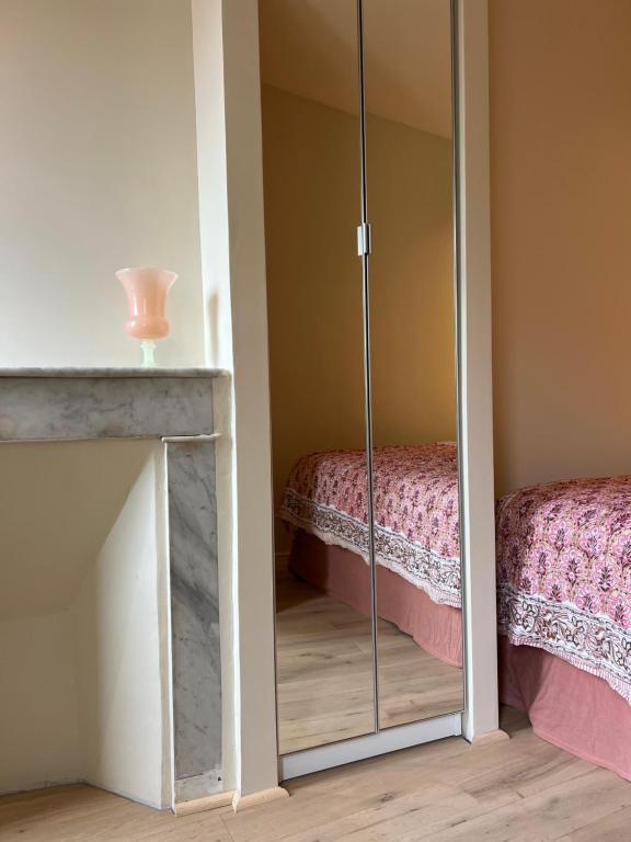 - un miroir dans une pièce avec cheminée dans l'établissement MAGNOLIA Appartement déco, à La Ciotat