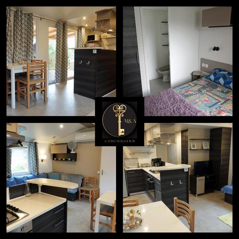 un collage de photos d'une cuisine et d'une chambre dans l'établissement Camping les sables du midi à Valras plage, à Valras-Plage