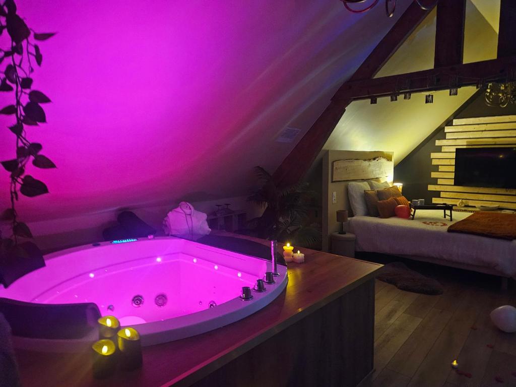 - une baignoire rose dans une chambre avec un lit dans l'établissement Détente et Confort appartement Cosy avec SPA privé à 20 minutes de Lille, à La Bassée