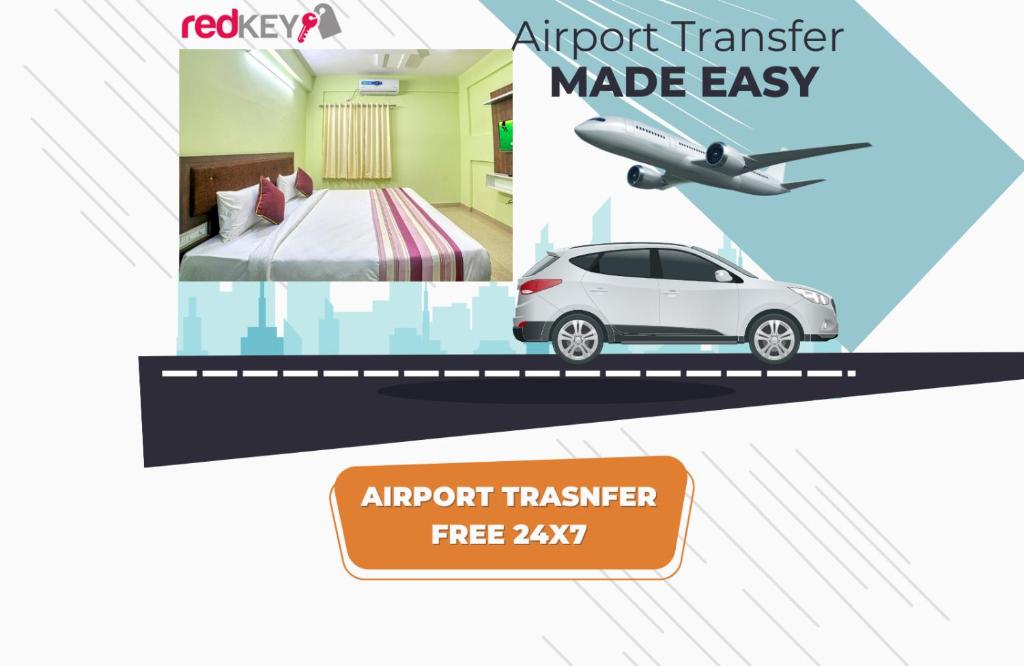 Un folleto para un hotel con coche en una habitación en Redkey Inn Transt - Free Airport pick up & drop 24x7, en Yelahanka
