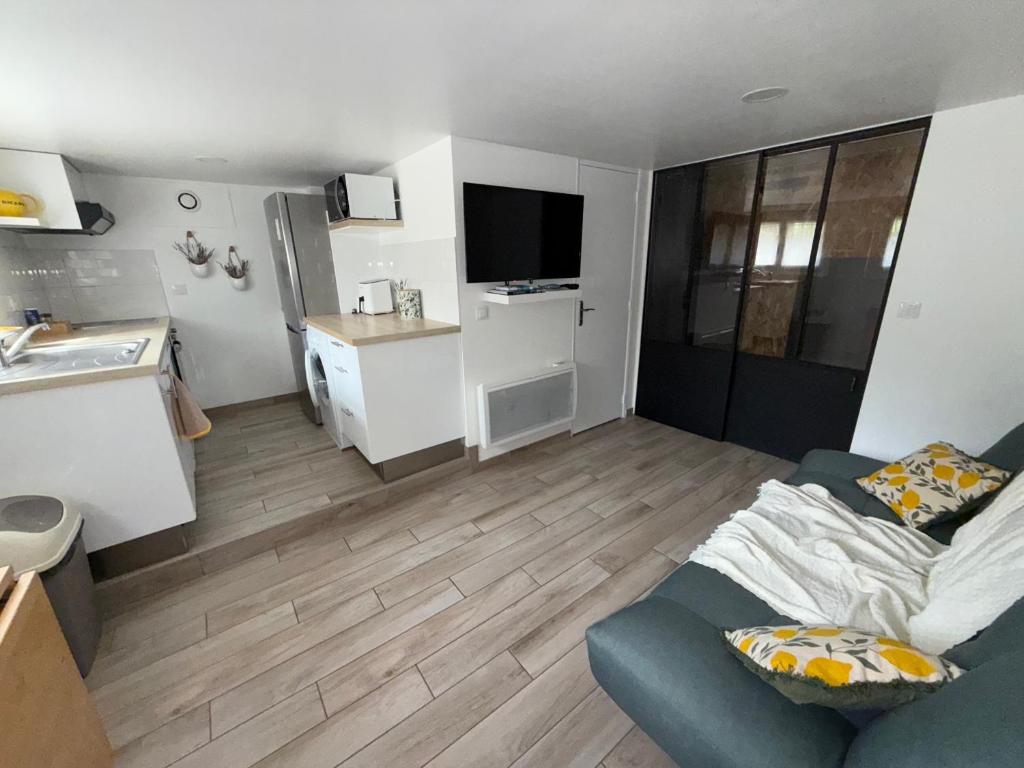 un salon avec un canapé et une cuisine dans l'établissement Appartement dans les calanques Marseille, à Marseille
