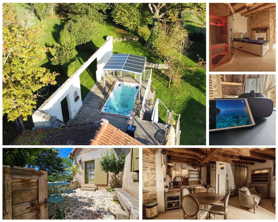 a collage of pictures of a house with a swimming pool at Bien-être & Spa privatif - Spa de nage, sauna, lit hydromassant & relaxation Immersive in Saint-Jean-Ligoure