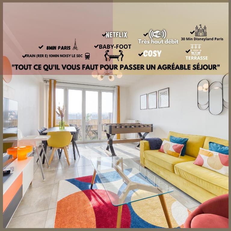 un salon avec un canapé jaune et une table dans l'établissement PoPColor Idéal Famille-Groupes-Pro 8Min de paris, à Noisy-le-Sec