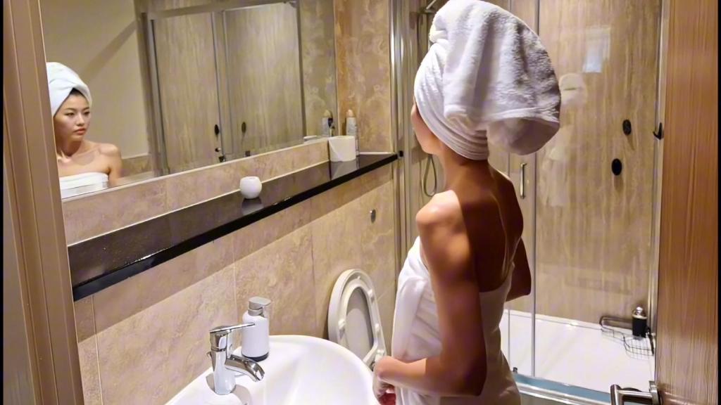 a woman with a towel on her head standing in a bathroom at West Beck House Darlington - Penthouse Double En-Suite in Darlington