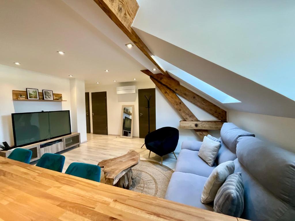 ein Wohnzimmer mit einer blauen Couch und einem Fernseher in der Unterkunft Appart de Robert, nid de luxe au centre-ville in Gérardmer