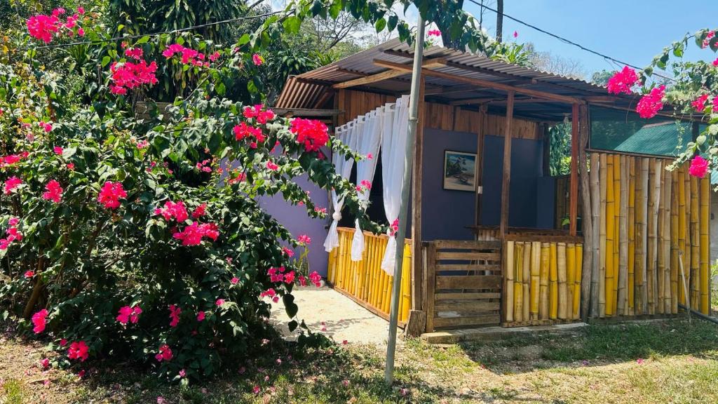 a yellow house with pink flowers in front of it at Anez Cabin'S in Cabuya