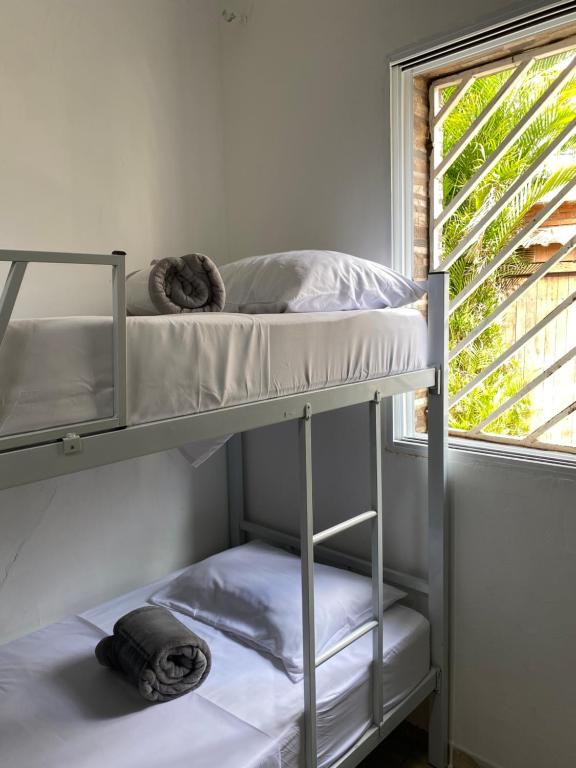 a couple of bunk beds in a room with a window at Hostel Amor por SP - Brás - Expo Center Norte - Feira da Madrugada in São Paulo