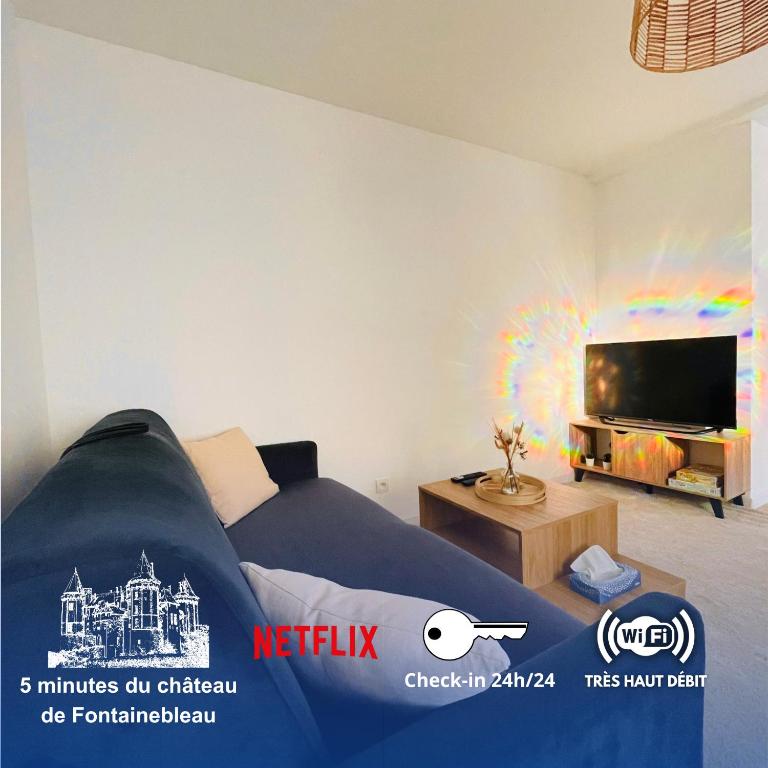 un salon avec un canapé et une télévision à écran plat dans l'établissement Le Rêve Azuréen, à Fontainebleau