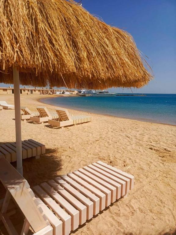 a beach with lounge chairs and a straw umbrella at Alhambra Avenue in Hurghada