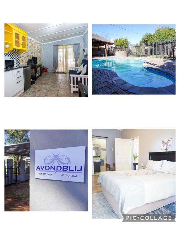 a collage of pictures of a hotel room and a pool at AVONDBLIJ Apartment in Oudtshoorn