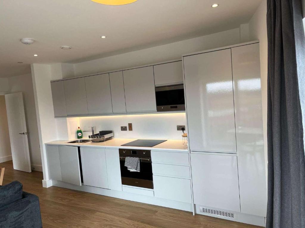 a kitchen with white cabinets and a counter top at Two-Bedroom Apartment with City View in Birmingham