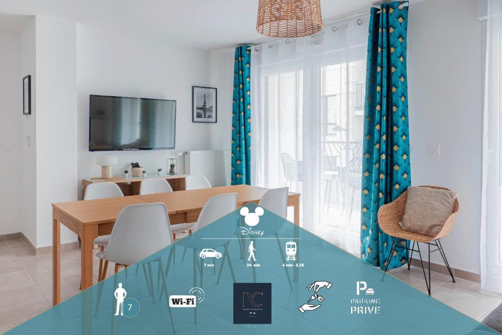 a living room with a table and a dining room at Disneyland-Paris,7pers, Wifi, Parking, in Chessy