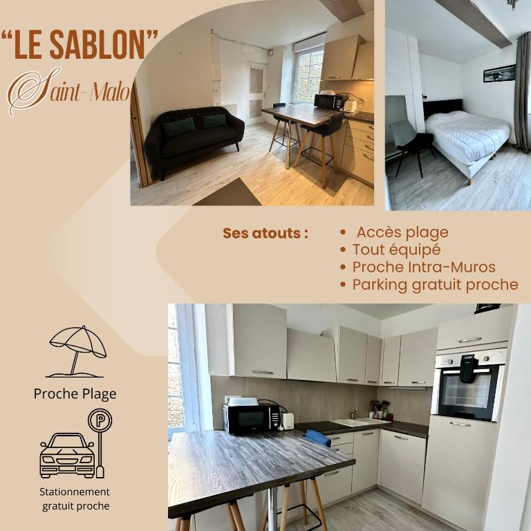 - deux photos d'une cuisine et d'un salon dans l'établissement T2 proche plage et commerces, à Saint-Malo