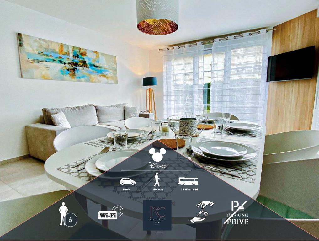 a living room with a table and a couch at DISNEYLAND-PARIS 6pers, WIFI, Garden in Montévrain