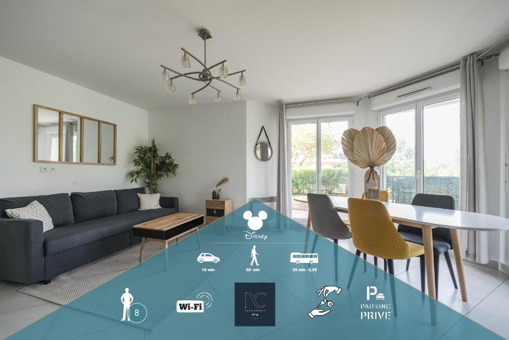 un salon avec une table et une salle à manger dans l'établissement Disneyland-Paris 8pers, Wifi, Parking, Garden, à Montévrain