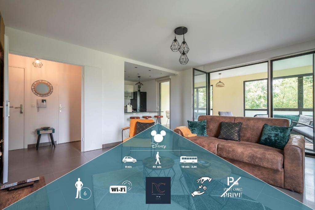 a living room with a table in the middle of it at Disneyland-Paris 6 personnes, Wifi, Cosy in Montévrain