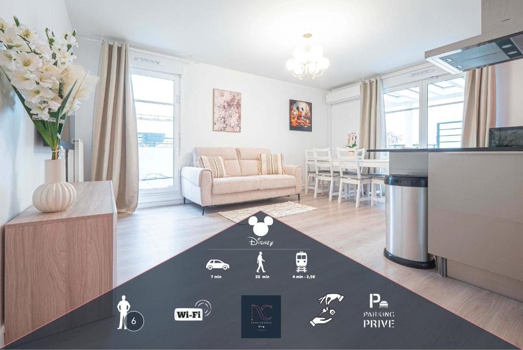 un salon avec une cuisine et une salle à manger dans l'établissement Disneyland-Paris, 6 pers, Wifi, Parking, à Chessy