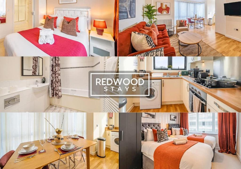 un collage de photos d'une chambre d'hôtel dans l'établissement Premium Serviced Apartment in Basingstoke Town Centre, Free Parking By Redwood Stays, à Basingstoke