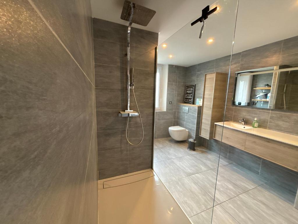 a bathroom with a shower and a toilet and a sink at Appartement de Adrien Garage privé in Charleville-Mézières