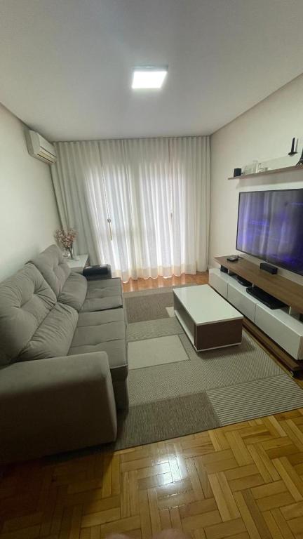 a living room with a couch and a flat screen tv at Apto Charmoso Próximo à Catedral in Santa Cruz do Sul
