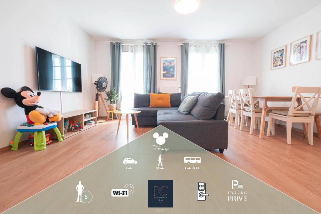a living room with a mickey mouse sitting on a chair at Disneyland-Paris 5 personnes, Wifi, Parking in Serris