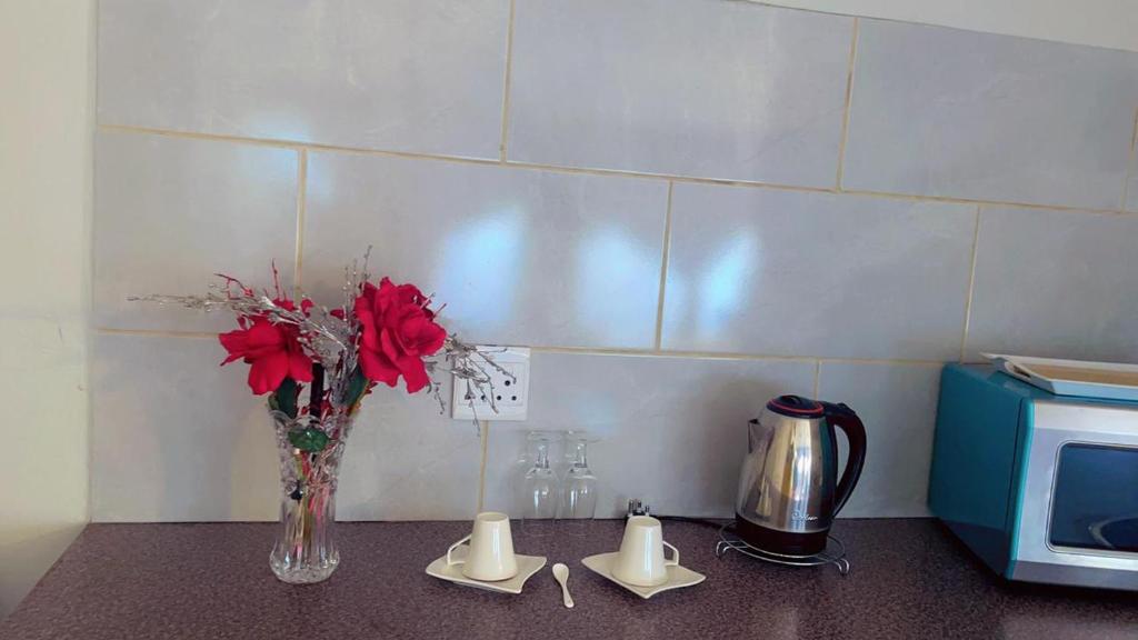a vase with roses in it on a counter with a microwave at ekhaya guesthouse in Secunda