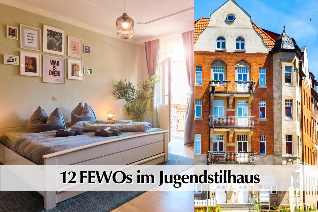 a bedroom with a picture of a building at 12 FEWOs im Jugendstilhaus mit Aufzug, Terrasse, Kingsize-Bett, Smart-TV, etc in Erfurt
