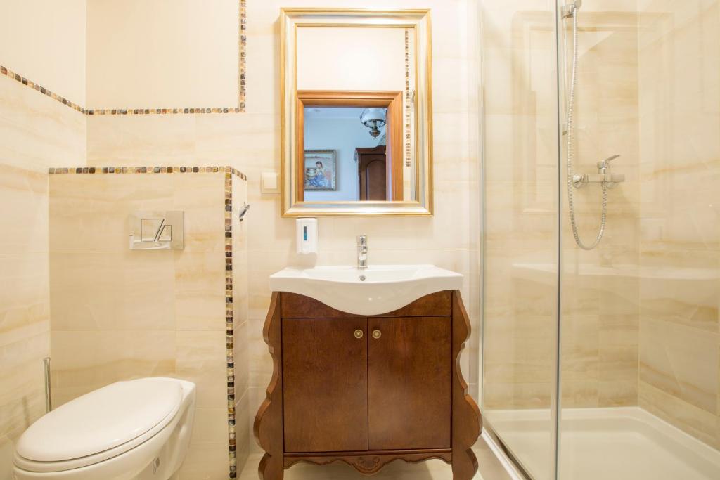 a bathroom with a toilet and a sink and a shower at Dworek Stara Szkoła in Bełchatów