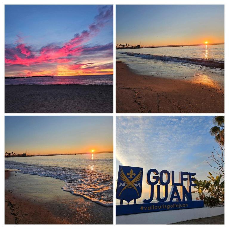 un collage de quatre photos de la plage au coucher du soleil dans l'établissement Appartement proche de la mer, à Vallauris