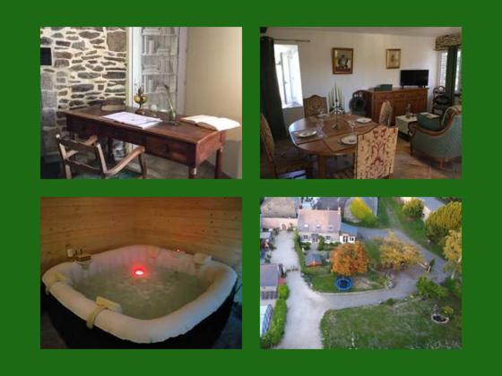 a collage of four pictures of a house with a bath tub at Le cottage normand in Saint-James