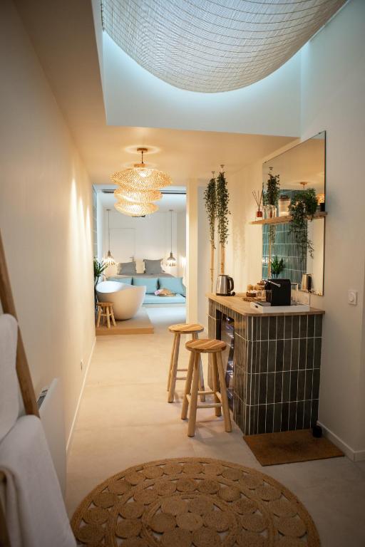 a living room with a bathroom with a bath tub at Suite la Penida avec Sauna & Baignoire - Hyper Centre Lille in Lille