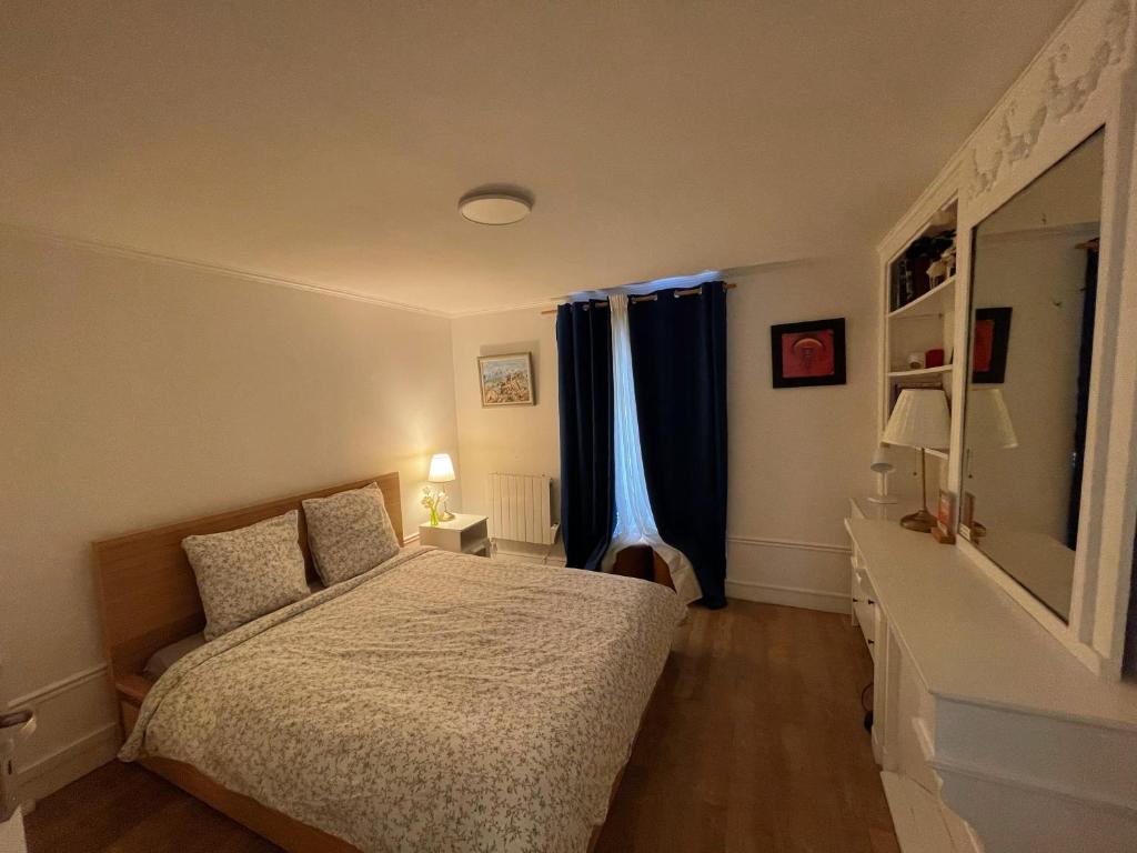 une chambre avec un lit et une fenêtre avec des rideaux bleus dans l'établissement Mon Amour Vavin, à Paris