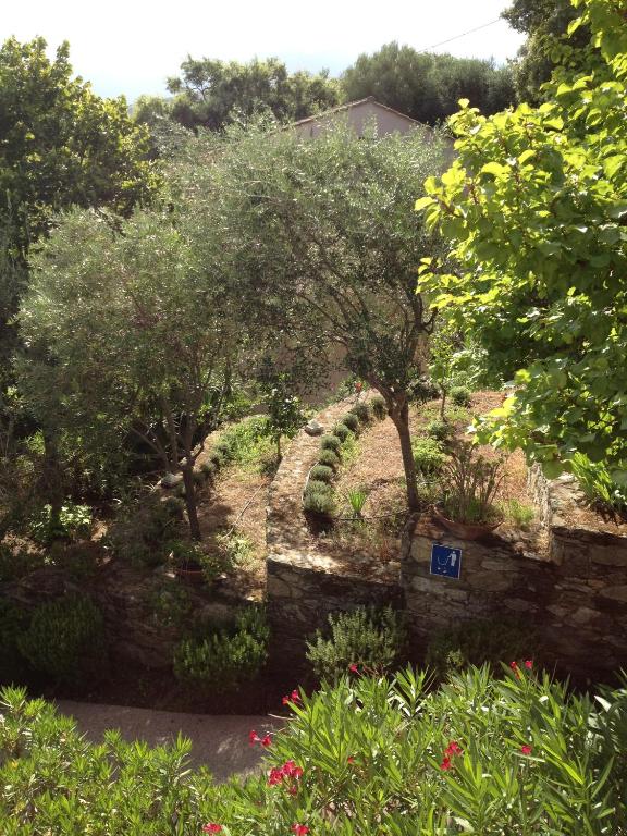 a garden with trees and bushes and a stone wall at Résidence Fior di Rena in Saint-Florent
