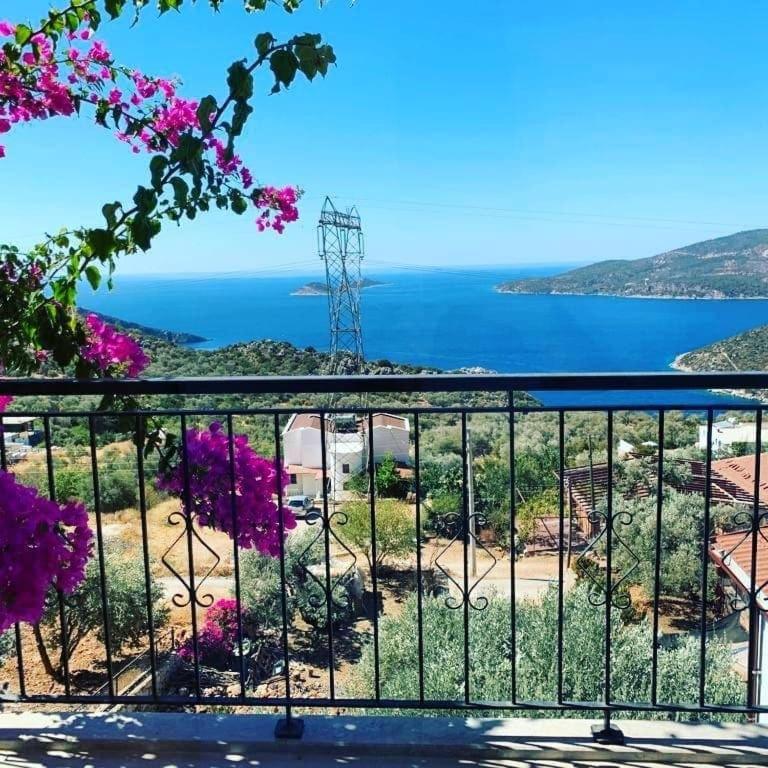 a view of the ocean from a balcony with purple flowers at Glennhouse in Kaş