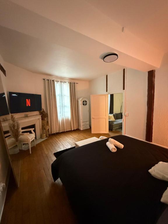 - un salon avec une table noire et une cheminée dans l'établissement le logis de la cathédrale, à Auxerre