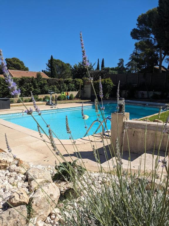 a swimming pool with blue water in a yard at Studio cosy neuf calme -Parking Terrasse privée Piscine 5mn Gare TGV Aix et ZA Aix la Duranne 15 mn Aéroport Marseille in Cabriès