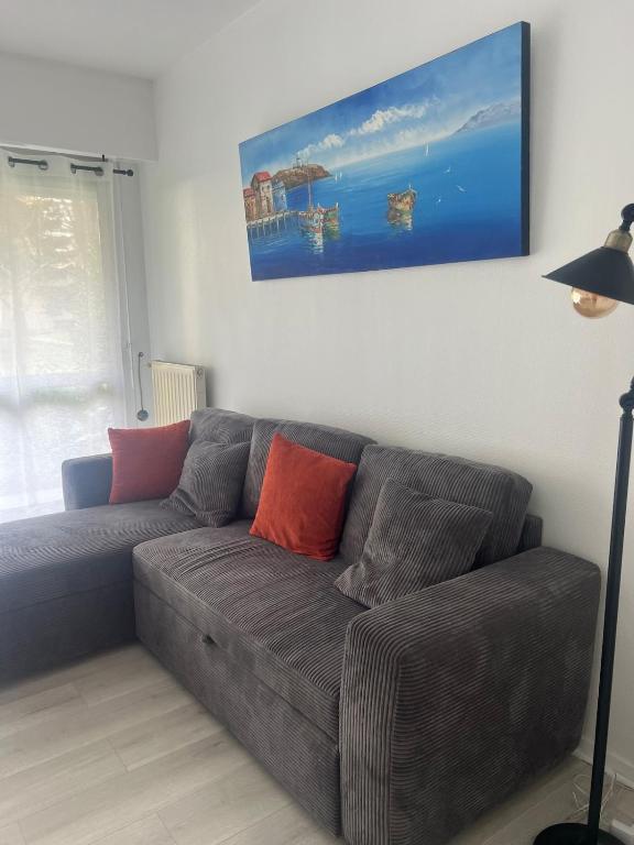 a living room with a gray couch with red pillows at Whoua Charmant appart Mérignac in Mérignac