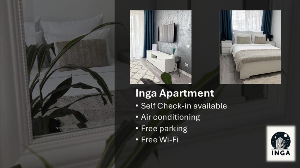 a collage of pictures of a room with a bed and a mirror at Inga Apartment in Turda