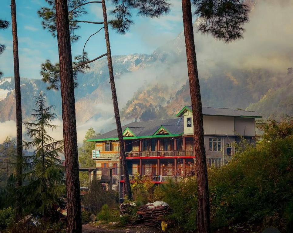a house in the middle of a forest of trees at Chalo Chhalal Hotel & Cafe in Kasol