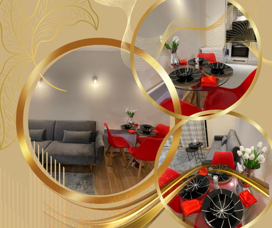 a living room with a large round mirror at Misk Homes #1 Near City Airport Shops - Everything nearby! in Barking