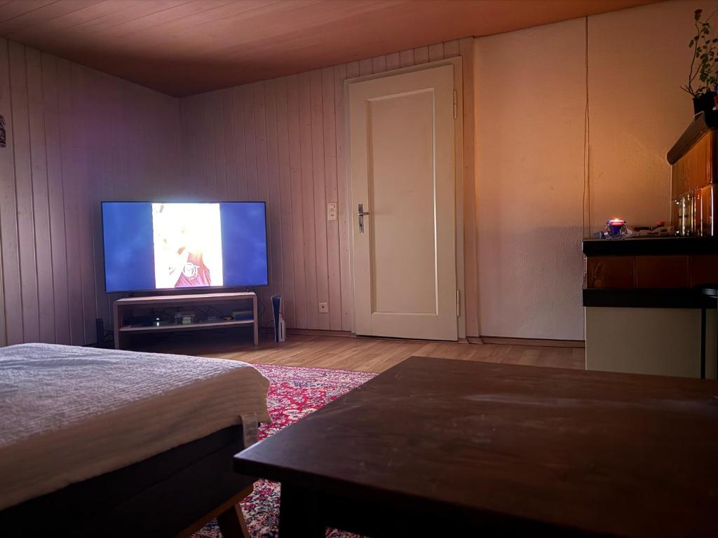 a living room with a flat screen tv and a bed at International Family Guesthouse in Schüpfheim