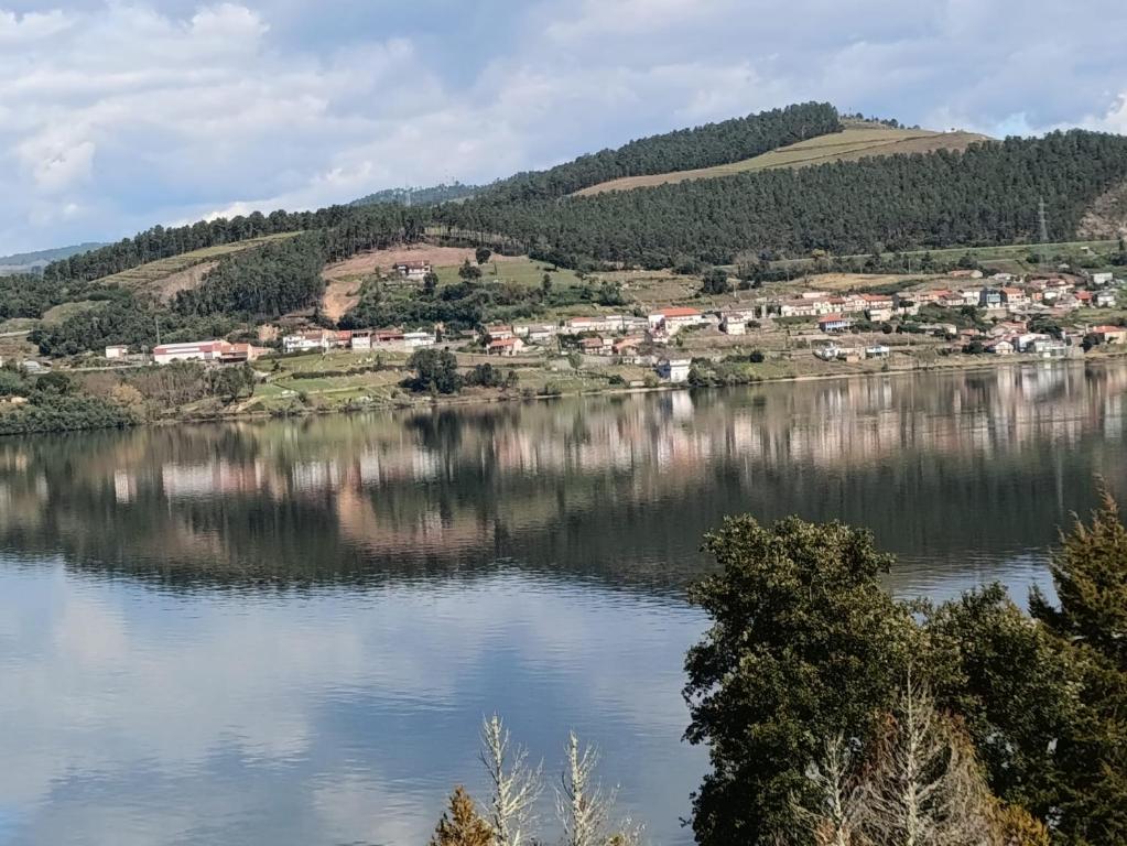 a view of a lake with houses and trees at La Cabaña de Morgan, Refugio con alma en el corazón de Galicia in Arnoia