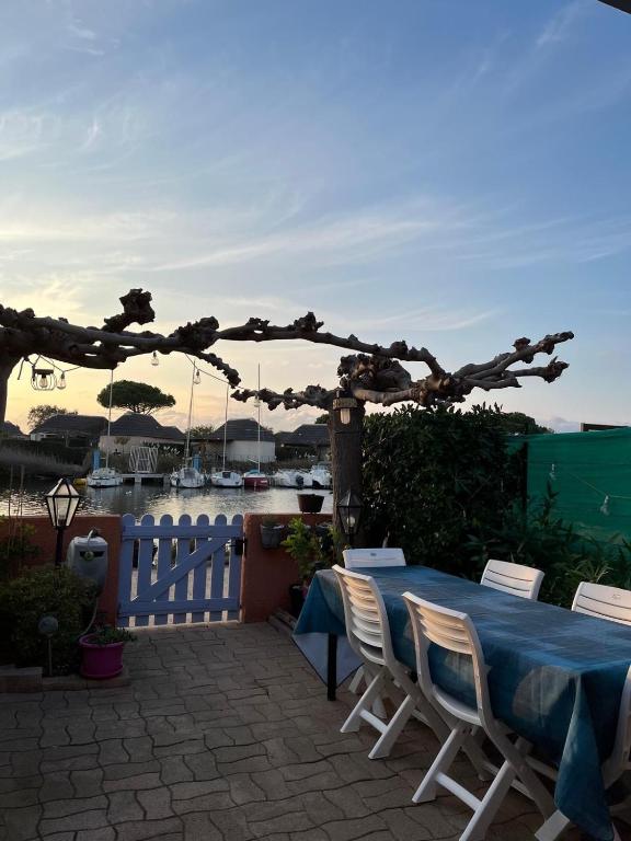 une table et des chaises avec une table bleue et une clôture dans l'établissement Maison 8 personnes au bord de l'étang, au Barcarès