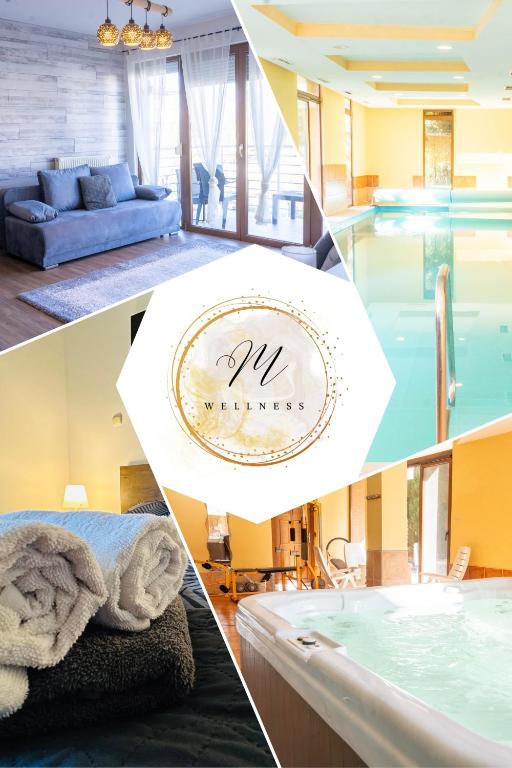 a collage of three pictures of a bathroom with a tub at MWellness Apartment in Siófok