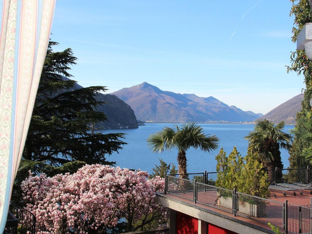 a view of a lake with palm trees and a mountain at Barony Le Pergole Lugano - 2 persons in Lugano