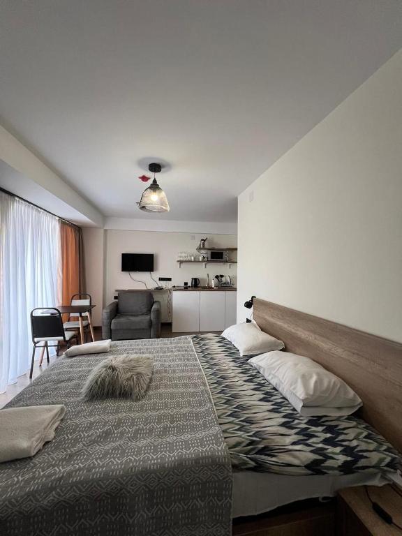 a bedroom with a large bed and a living room at Nirvana Stayz Gudauri in Gudauri